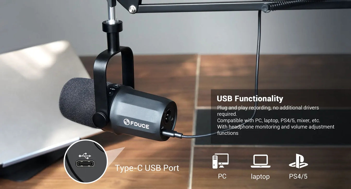 FDUCE SL40+ USB/XLR Dynamic Microphone Kit With Arm Stand/Built-in Headset Output / Sound Insulation,For PC PS5/4 Mixer