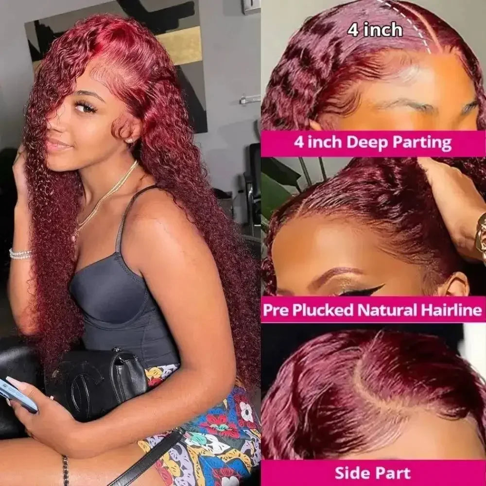 HD Transparent Lace 200 Density 13x4 13x6 Full Frontal Lace 99j Burgundy Preplucked Colored Deep Wave Frontal Human Hair Wig