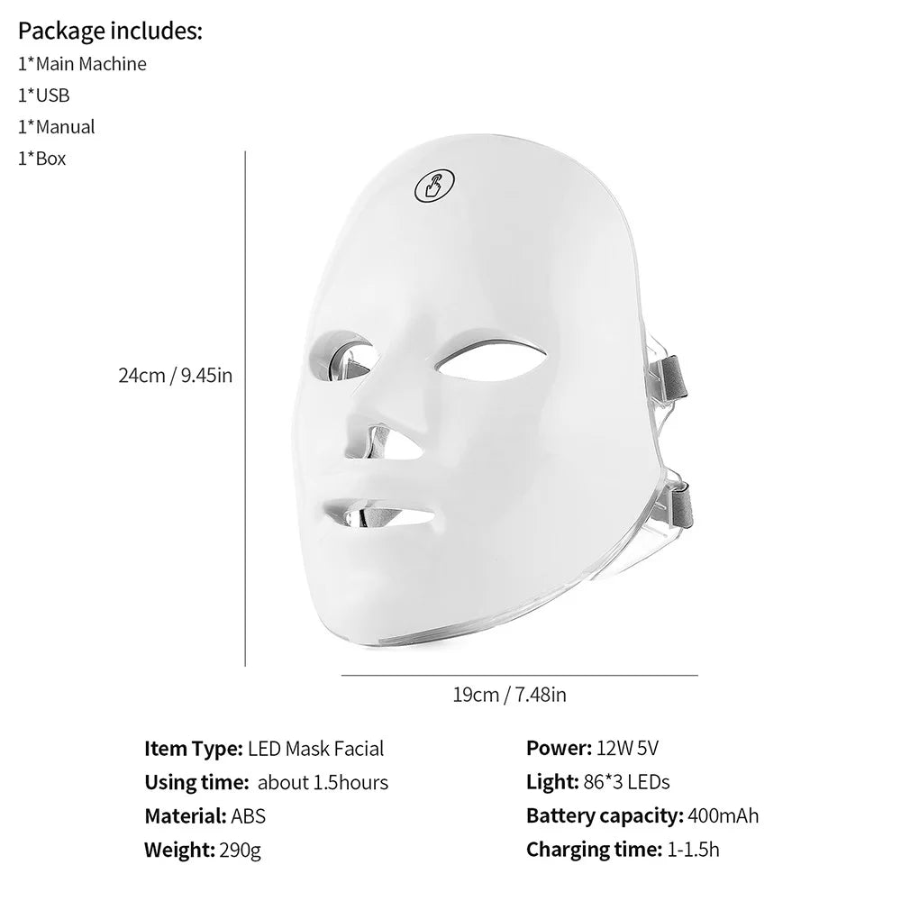 Rechargeable 7-Color LED Facial Mask – Photon Therapy for Skin Rejuvenation, Face Lifting, Whitening & Beauty – Home Use Device